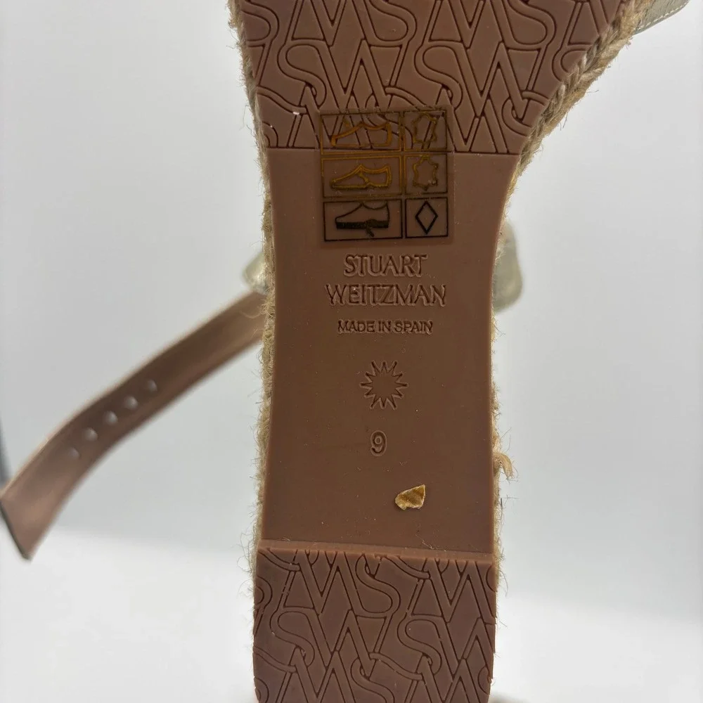 Stuart Weitzman Metallic Gold Leather Espadrille Strappy Wedge Sandals Womens 9